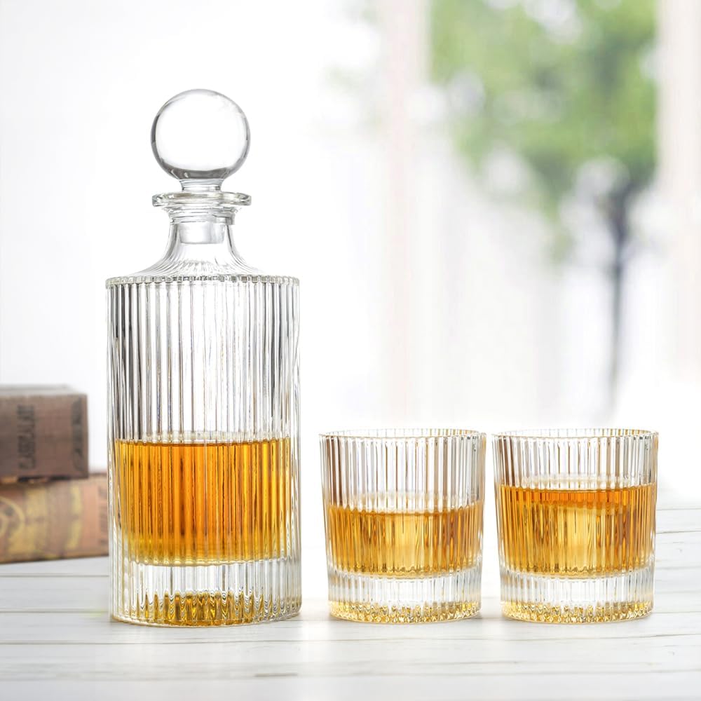 27Oz Whiskey Liquor Decanter Ribbed Set in Box,Decanter Set with 2 Glasses,Idea for Scotch Liquor,Whiskey Wine Decanter Suit for Men and Women Father Coworkers