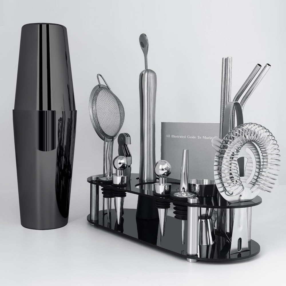 Cocktail Shaker Set Bartender Kit with Stand - 16 Piece Bar Tool Set Drink Mixer Set Includes : Shakers, Jigger, Strainer, Mixer Spoon, Muddler, Liquor Pourers, Straw (Black-25/20oz)