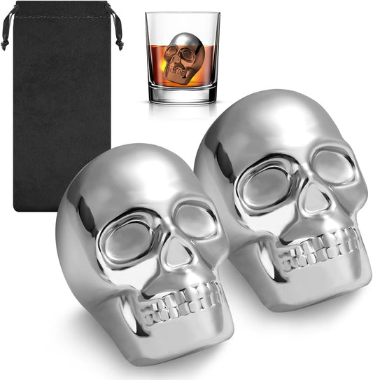 Skull Head Stainless Steel Ice Cubes Mold, Whisky Stones Stainless Steel, Set of 2 with Gift Bag, Skull Head Cooling Stones, Whiskey Stones Reusable, Bar Accessories, for Whisky, Gin, Rum, Tequila