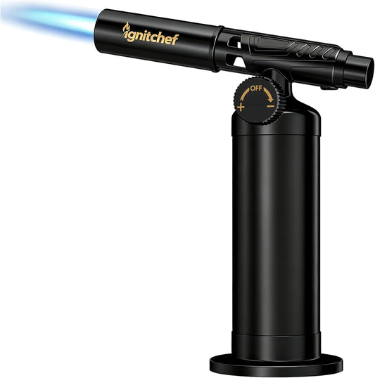 Metal Butane Torch Lighter, Refillable Kitchen Torch, Creme Brulee Torch with Adjustable Flame, Continuous Mode for Grilling Steaks, Barbecuing (PHQ-408-New)