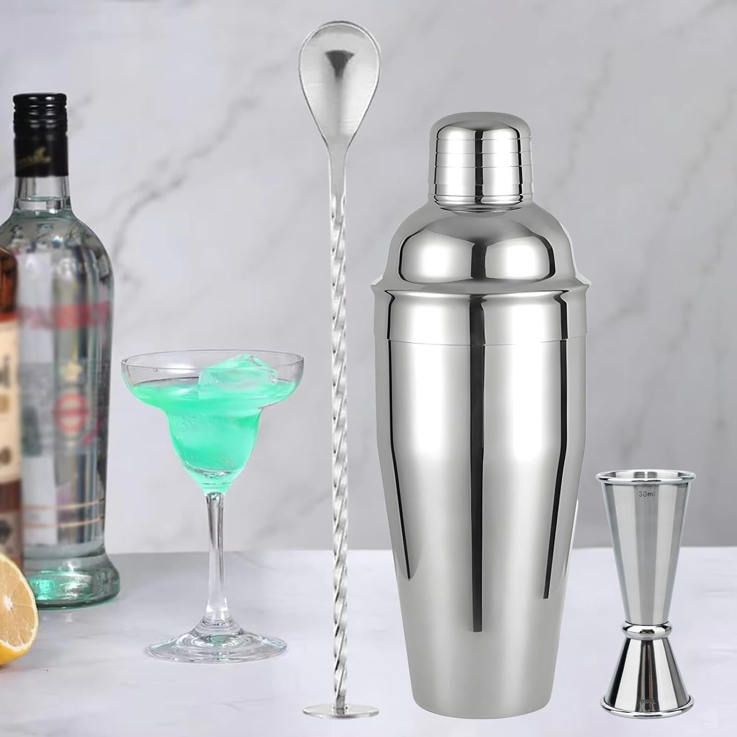 Cocktail Shaker, 24 oz Martini Shaker, Drink Shaker Built-in Strainer, Professional Drink Mixer Set for Beginners, with Measuring Cup and Stirring Spoon, Silver