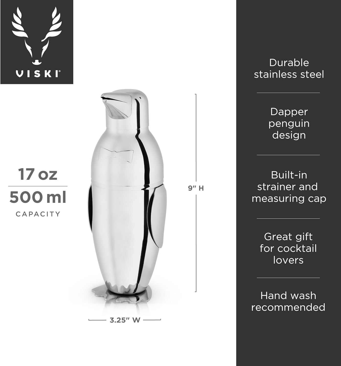 Viski Penguin Cocktail Shaker with Strainer, Stainless Steel Cobbler Shaker for Margaritas, Whiskey Sours & Other Cocktails, Penguin Gifts for Home Bar, Cocktail Party Essentials, 17 oz