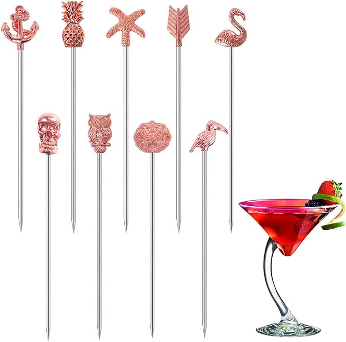 Stainless Steel Bird Martini Cocktail Picks for Fruit,Cocktail,Party,Wedding Set of 8 (Silver Bird) - Rose Gold