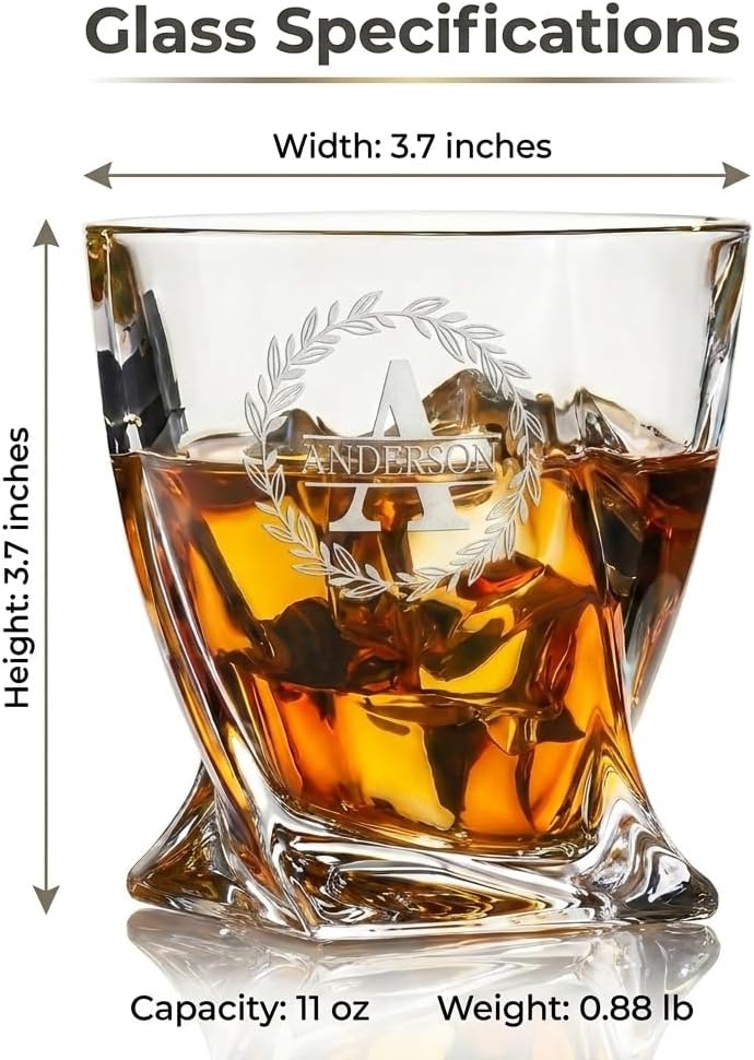 Personalized Whiskey Glass Set of 2 - Customized in USA Twisted Glasses - Premium Gift for Him, Men, Husband, Boyfriend, Groomsmen - Ideal for Any Occasion - Anniversary, Birthday, Retirement, Wedding
