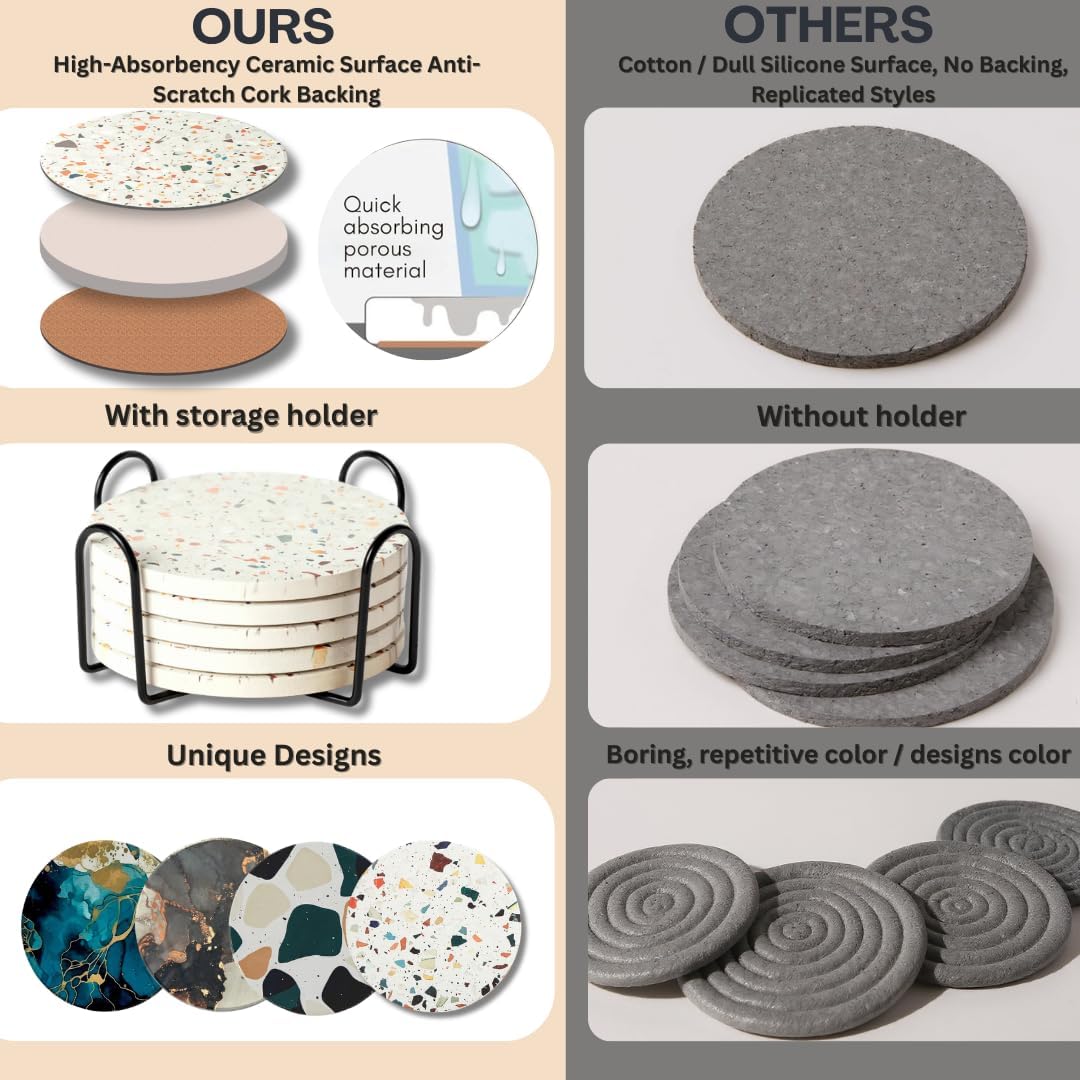 Terrazzo Coasters Set of 6, Ceramic Absorbent Drink Coasters, Cute Moisture Absorbing Coaster, Coffee Table Desk Decor, Colorful Stone Coaster for Drinks (Pastel)
