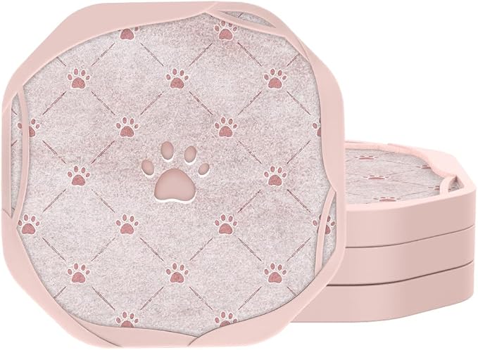 UMIRRO Absorbent Felt & Silicone Coasters Set of 6 with Holder, Blue Coast - 28. Paw Print, Pink