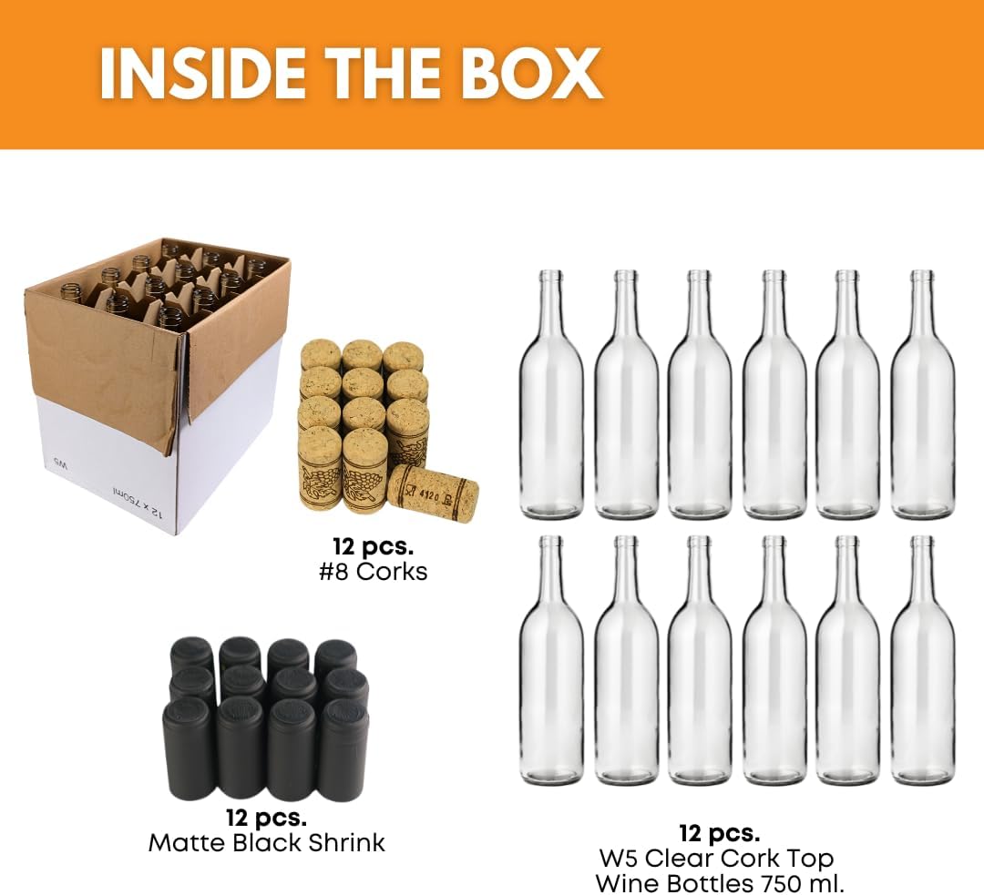 FastRack Clear Wine Bottles 750 ml (Pack of 12) w/No.8 Natural Corks & Matte Black Shrink Sleeves | W5 Bordeaux Empty Liquor Bottles | Flint Flat-Bottomed Cork Top Clear Glass Bottle for Wine Making