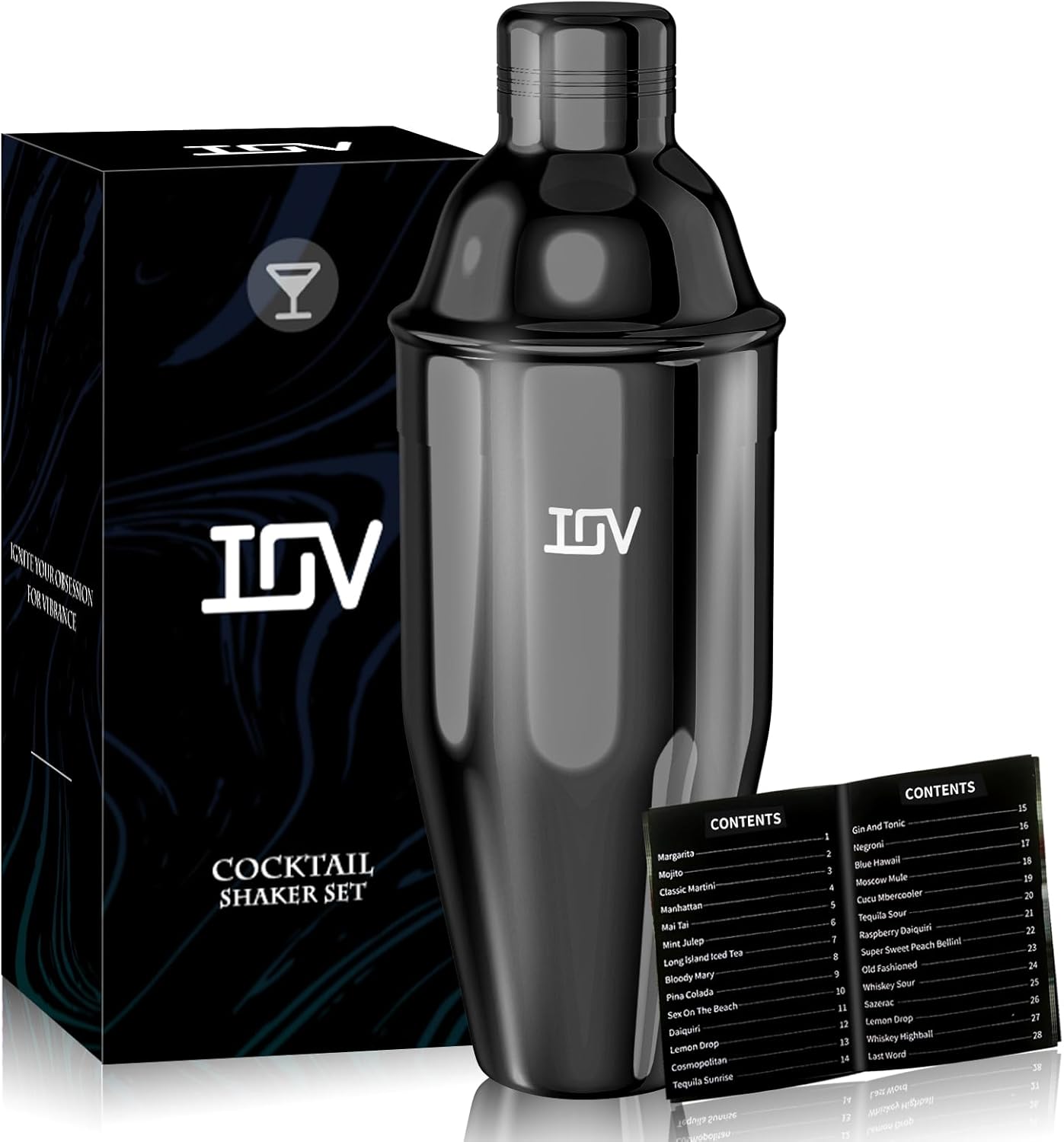 IOV Cocktail Shaker, 24 oz Martini Shaker, Drink Mixer with Built-in Strainer, Professional Stainless Steel Margarita Alcohol Shaker with Cocktail Recipe Guide, Bartender Kit Gifts, Black