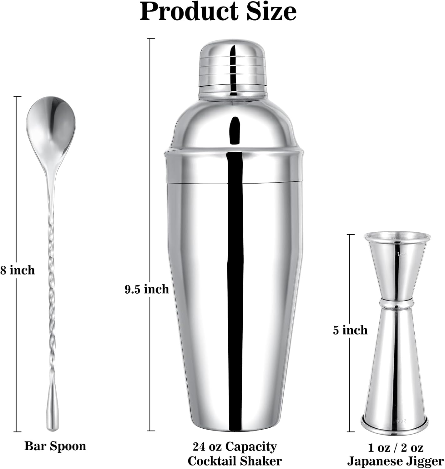 BARsics 24oz Stainless Steel Bar Cocktail Shaker, 1oz/2oz Jigger and 8" Mixing Spoon