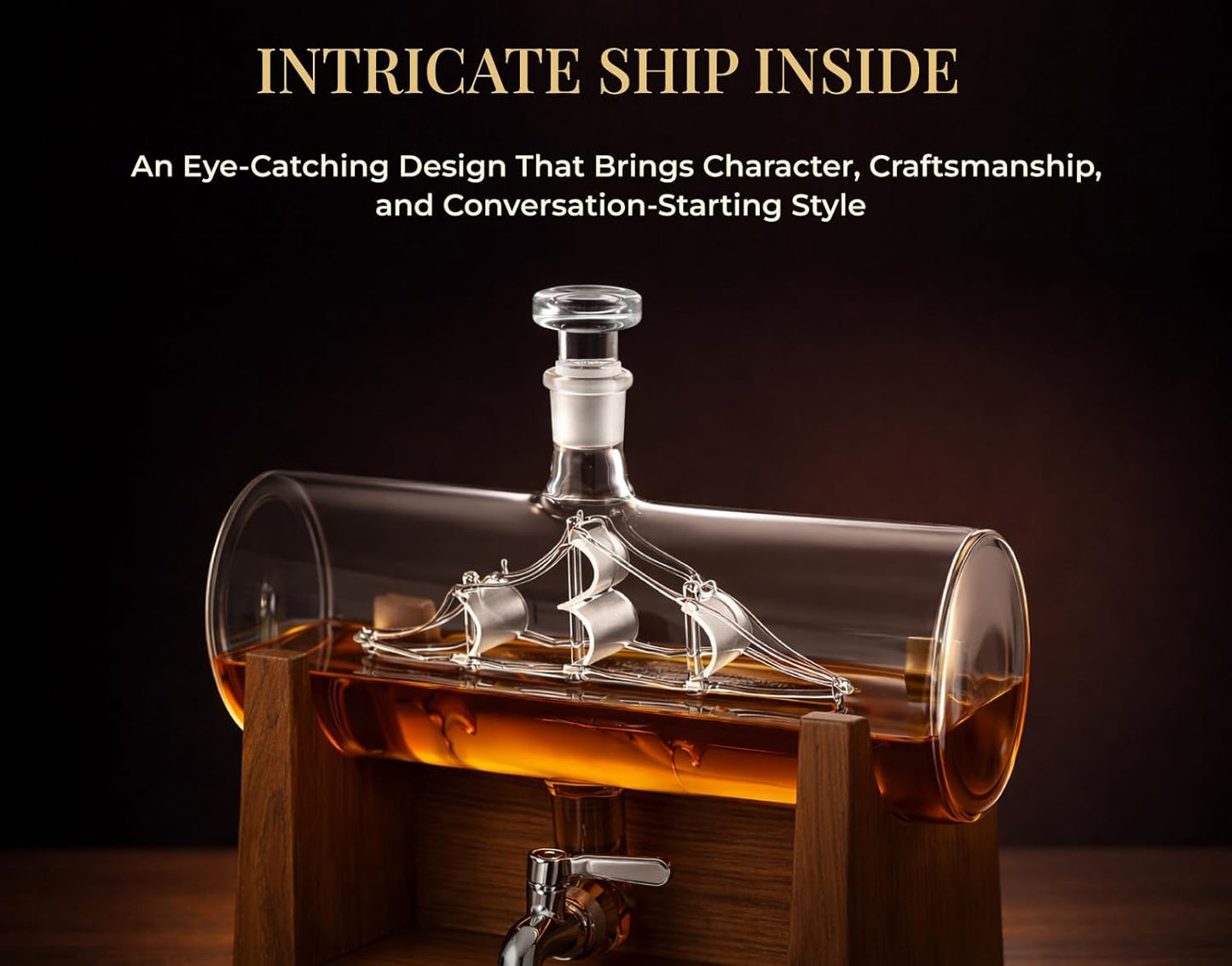 Jillmo Ship Whiskey Decanter Set for Men, 1250ml Liquor Decanter Gift with Ship Inside, 2 Whiskey Glasses & Wooden Stand, Bourbon Scotch Decanter Gift for Dad Husband Home Bar