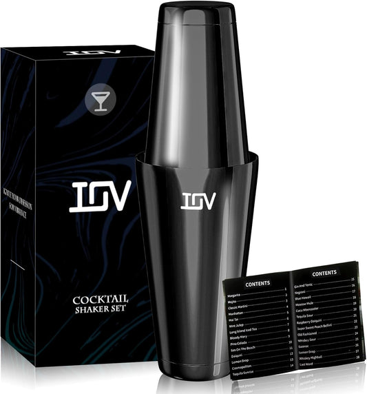 IOV Boston Cocktail Shaker Set, 18oz & 28oz Stainless Steel Weighted Shaker Tins, Metal Martini Drink Mixer for Bartending, Professional Bar Tools with Cocktail Recipe Guide, Black