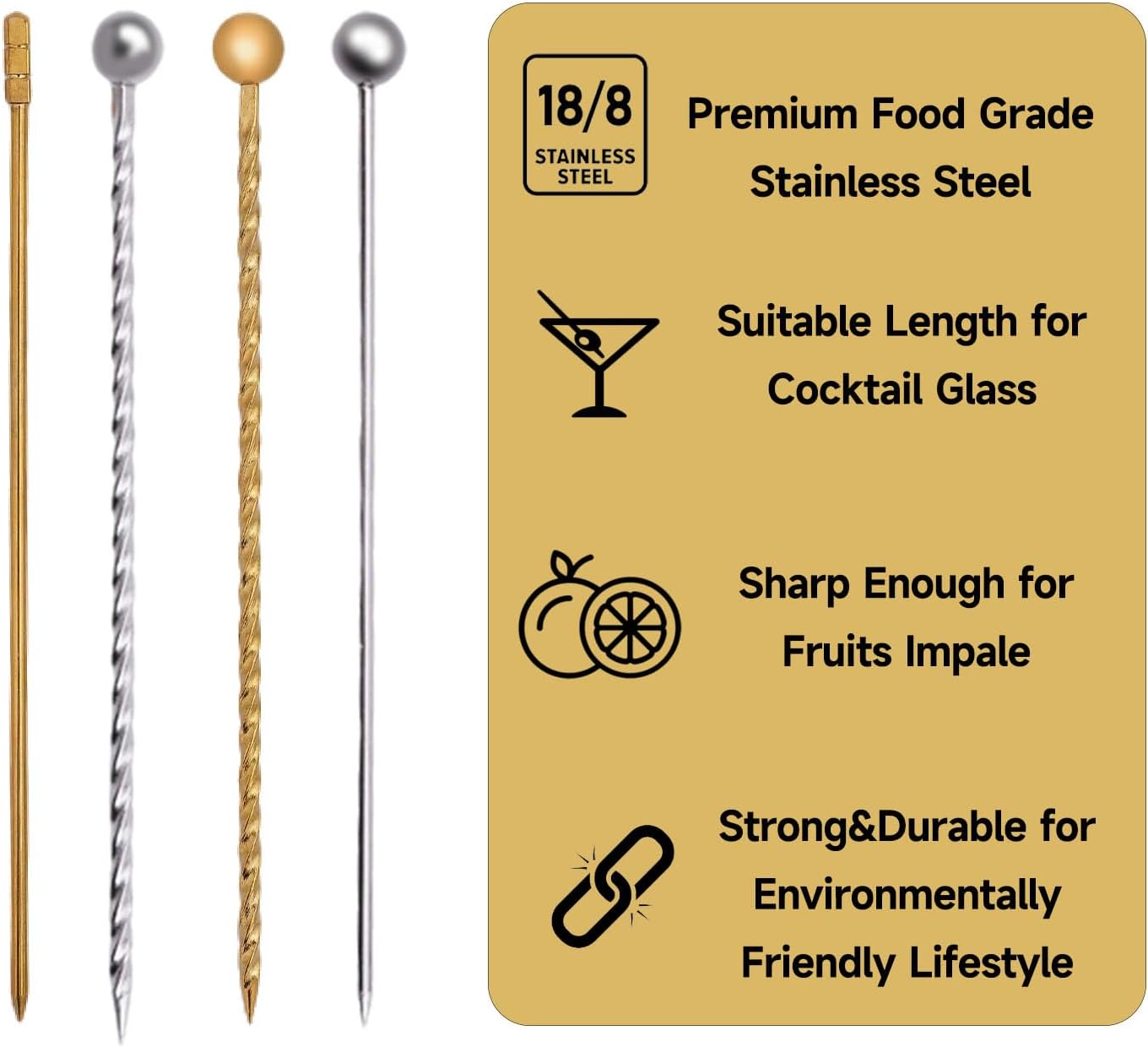 Lexenic 12-Piece Cocktail Picks Set with Holder, Premium 304 Stainless Steel Martini Skewers, Reusable Garnish Sticks for Olives, Appetizers & Fruit (12 Threads Golden)