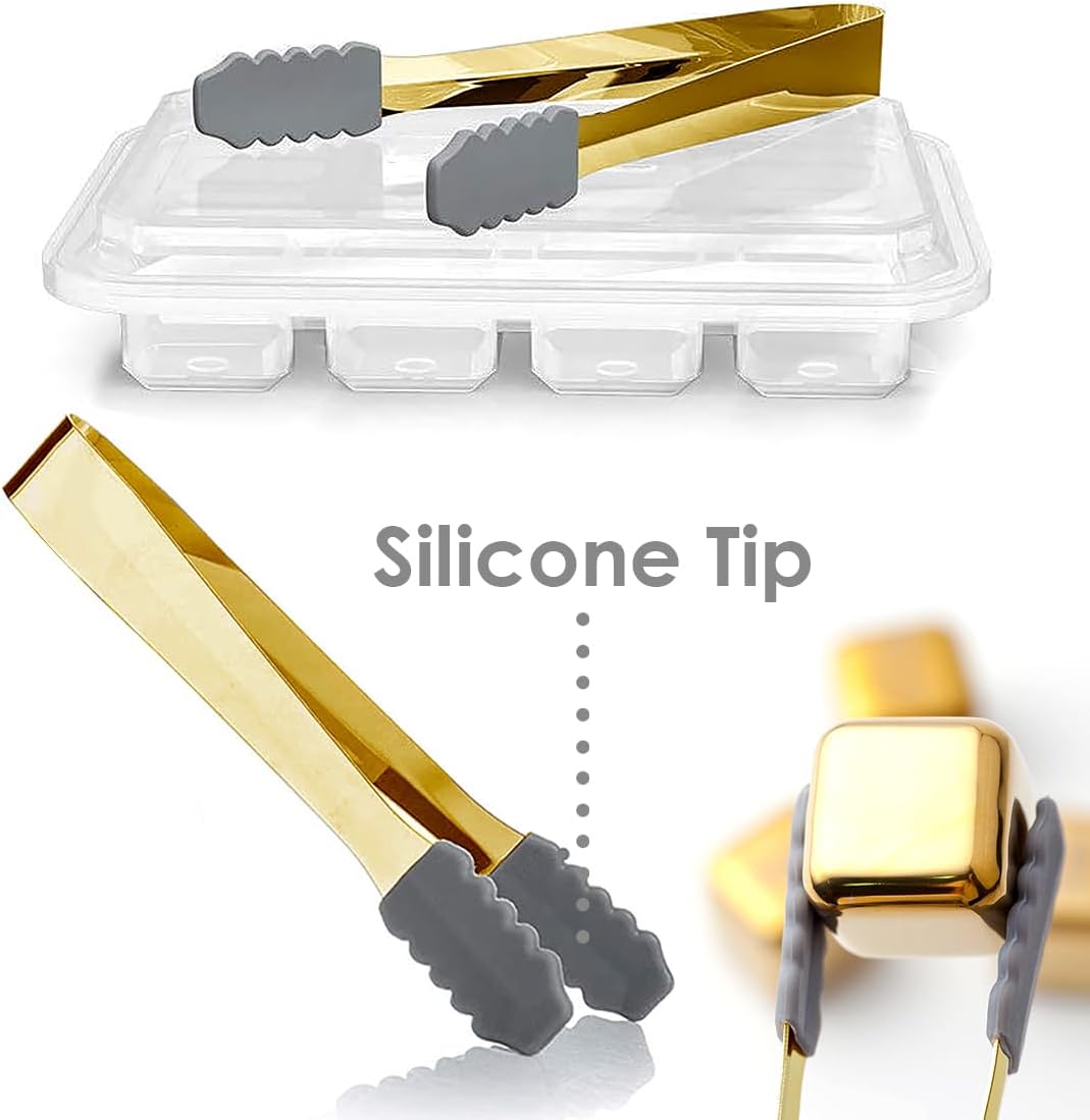 KEISSCO Stainless Steel Chilling Cubes Reusable Ice Cube Whiskey Stones for Drinks Beverage Jumbo Chilling Stones Set with Ice Tongs and Freezer Storage Tray for Whiskey, Gold Color Edition (8 Pack)