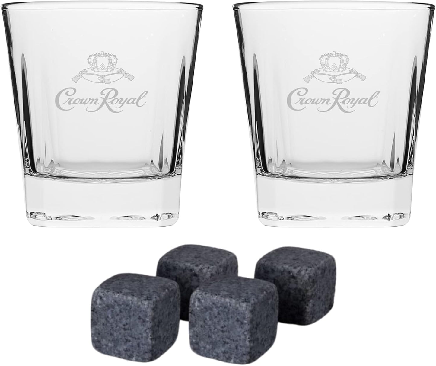 Whiskey Glasses Set of 2 Crown Royal Whiskey Glass and Stone Set 2 Scotch Glasses and 4 Unique Chilling Granite Rocks | Whiskey Stone Gift Set for Men Compatible