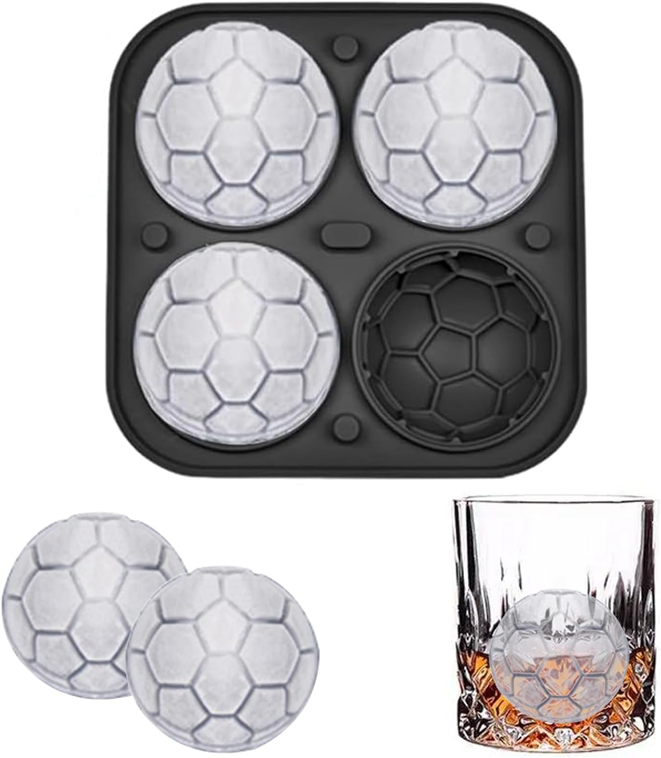 Soccer Ice Cube Tray 3D, Admaison Ice Ball Cube Mold with Funnel for Cocktails, Bourbon,Brandy, Whiskey Gifts for Men, Silicone Fun Shapes Black (Soccer Ball)