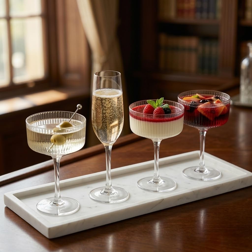 Ciaell Ribbed Coupe Glasses set of 4 - Vintage Cocktail Coupe Glasses - 10 oz Classic Martini Glass - Bar Drinking Glass Set Prefer for Cocktail, Espresso, Wine, Party & Gift