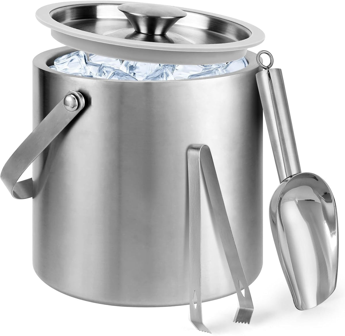 3L Double-Wall Stainless Steel Ice Bucket with Lid,Scoop,Tongs,Handle - 3L