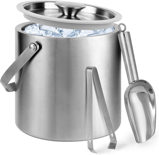 3L Double-Wall Stainless Steel Ice Bucket with Lid,Scoop,Tongs,Handle - 3L