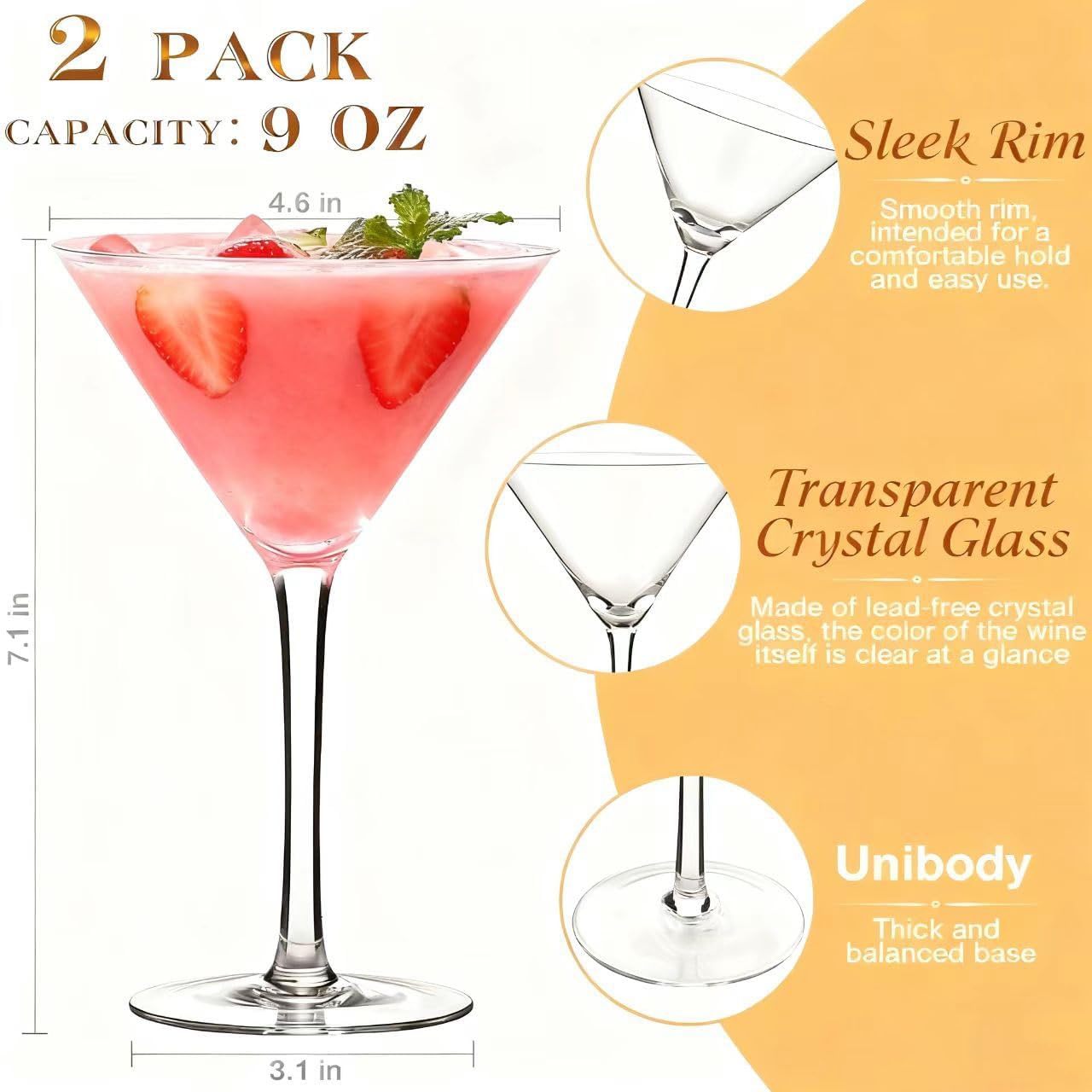 Farielyn-X Martini Glasses Set of 2, 9 oz Crystal Cocktail Glasses, Hand Blown Crystal Martini Glasses for Espresso Martini, Cosmopolitan, Gimlet, Home Bar, Party, Martini Glassware Gift Set
