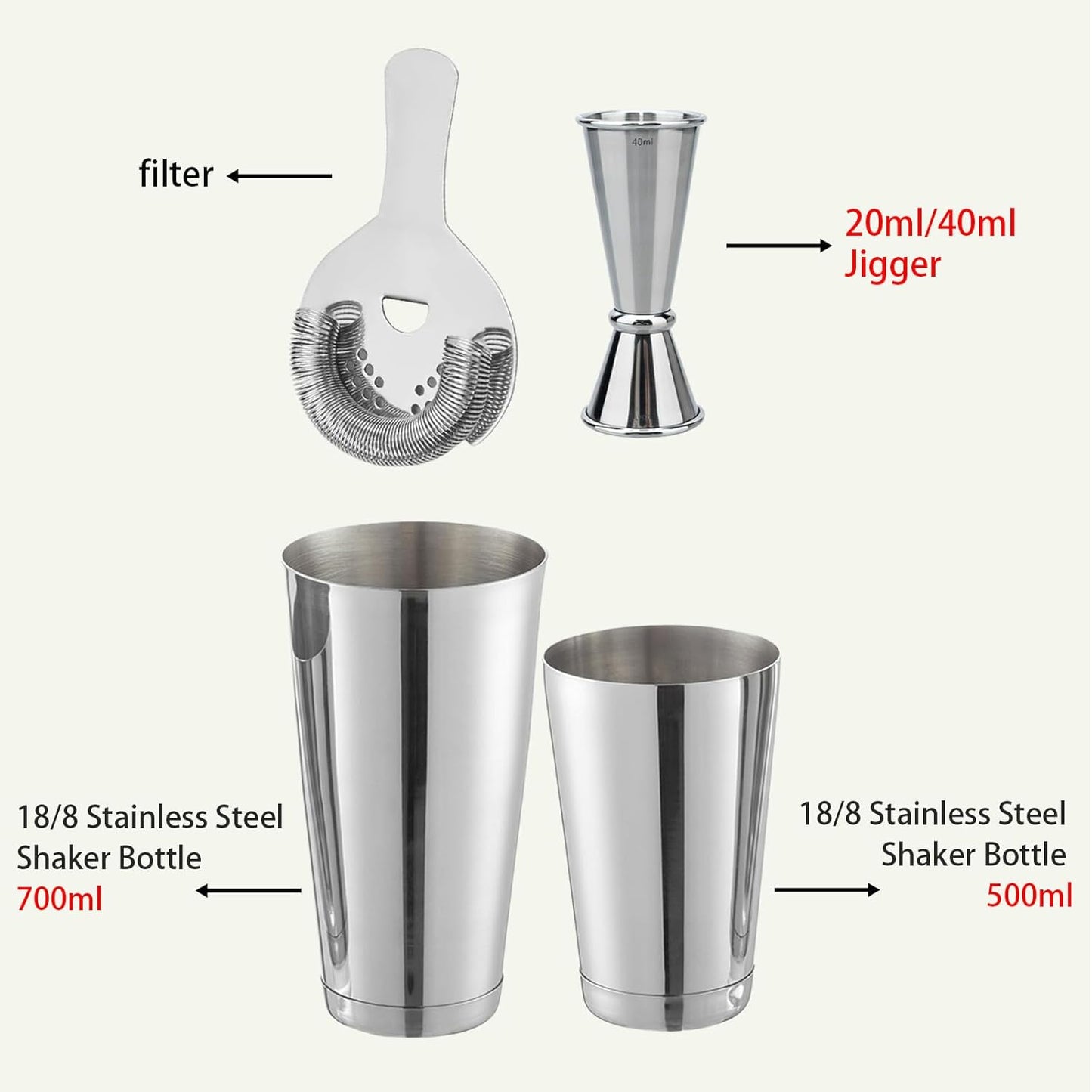 Boston Cocktail Shaker Set, 17 oz and 24 oz Stainless Steel Weighted Shaker Tins, Professional Bar Tools for Bartender, with Strainer and Measuring Cup (Silver)
