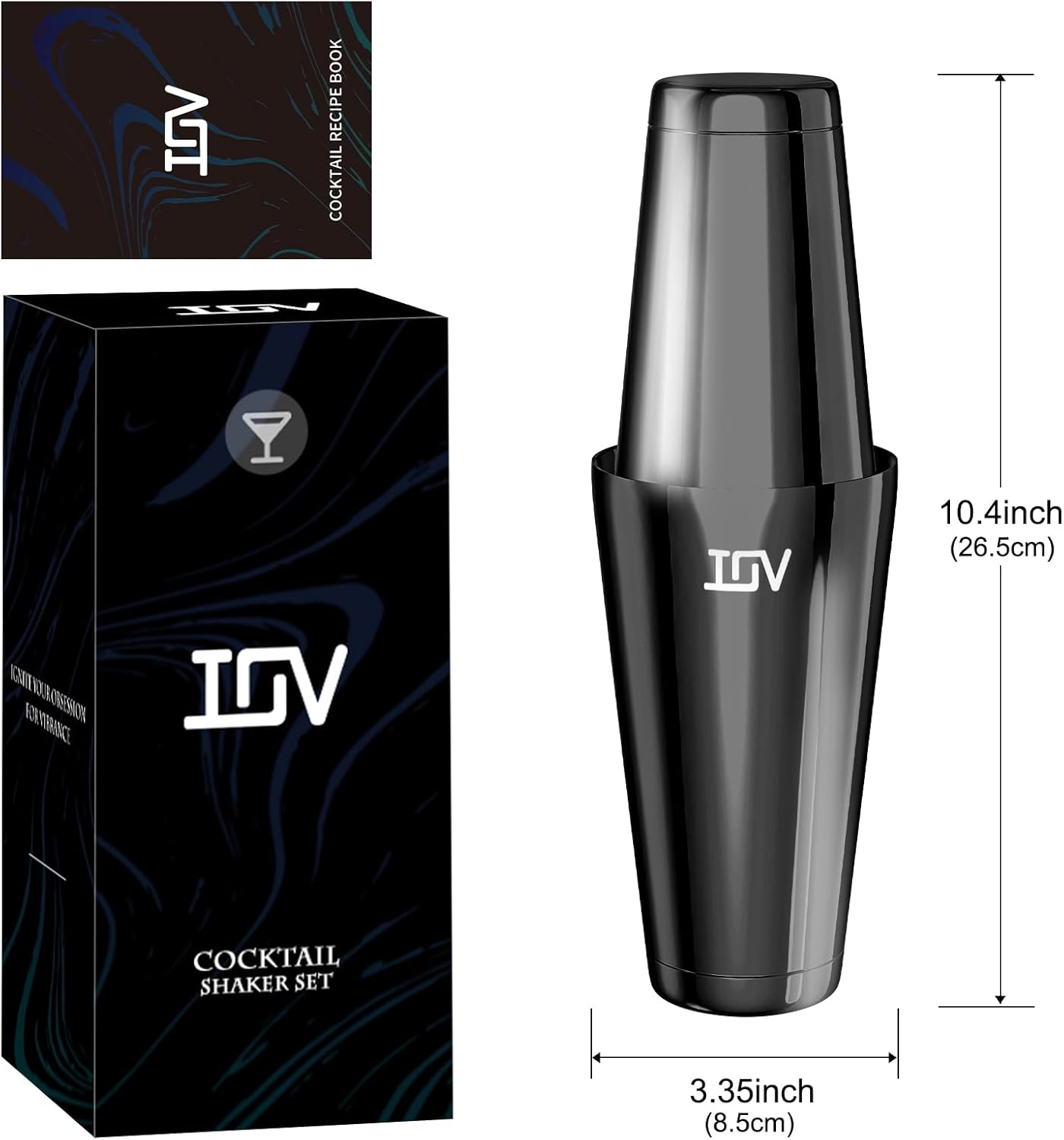 IOV Boston Cocktail Shaker Set, 18oz & 28oz Stainless Steel Weighted Shaker Tins, Metal Martini Drink Mixer for Bartending, Professional Bar Tools with Cocktail Recipe Guide, Black