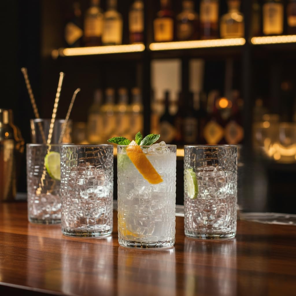 Glaver's Highball Drinking Glasses, Set of 4 Clear 15 Ounce Patent Crackle Design Textured Drinking Glasses Heavy Duty premium Glassware for Everyday Home, Bar use
