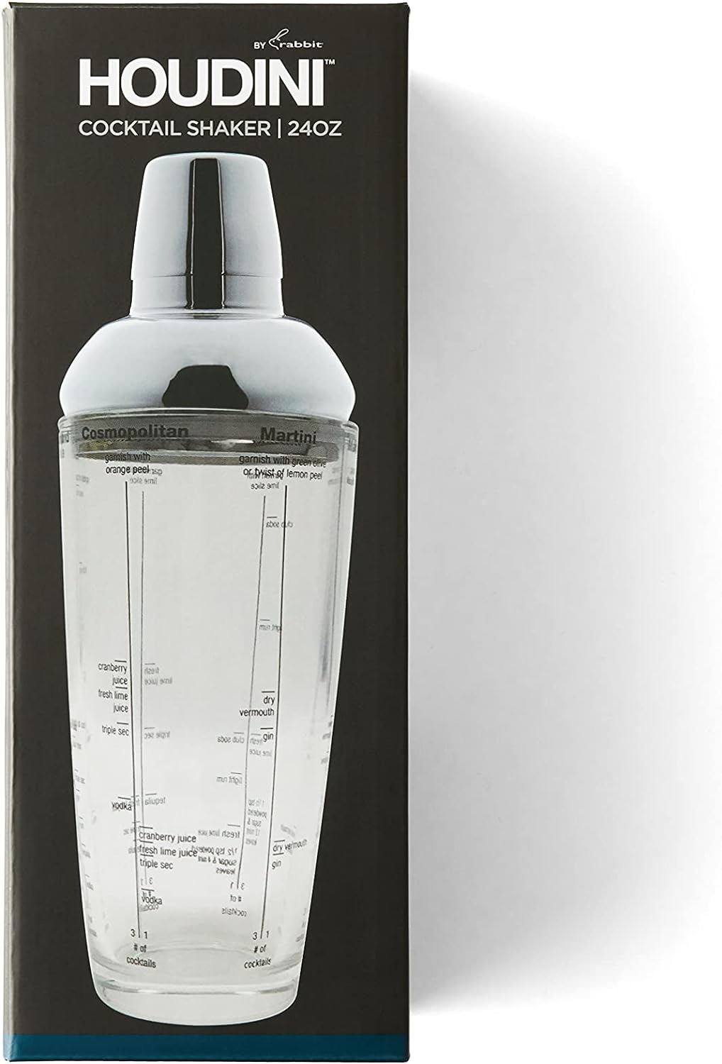 Houdini 24oz Glass Cocktail Shaker, Includes Six Recipes
