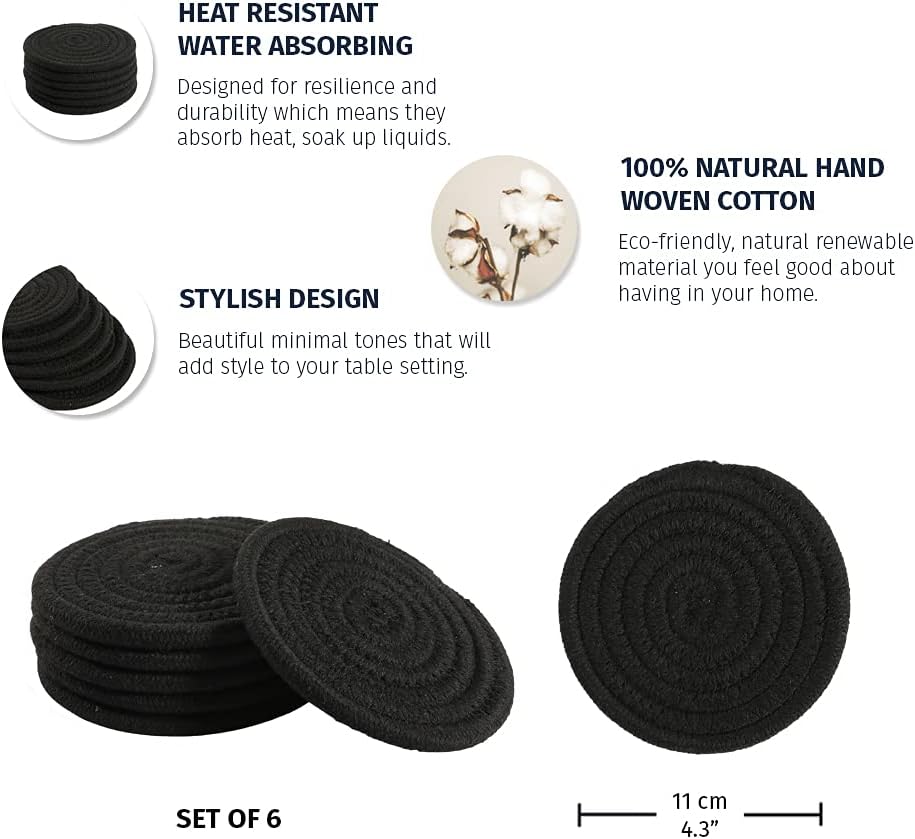 OrganiHaus Drink Coasters Set of 6, Absorbent Cotton Woven Cup Coasters, Rustic Farmhouse Boho Decor for Coffee Table and Drinks Protection, Cute Coaster for Drinks, Coaster for Office Desk - Black