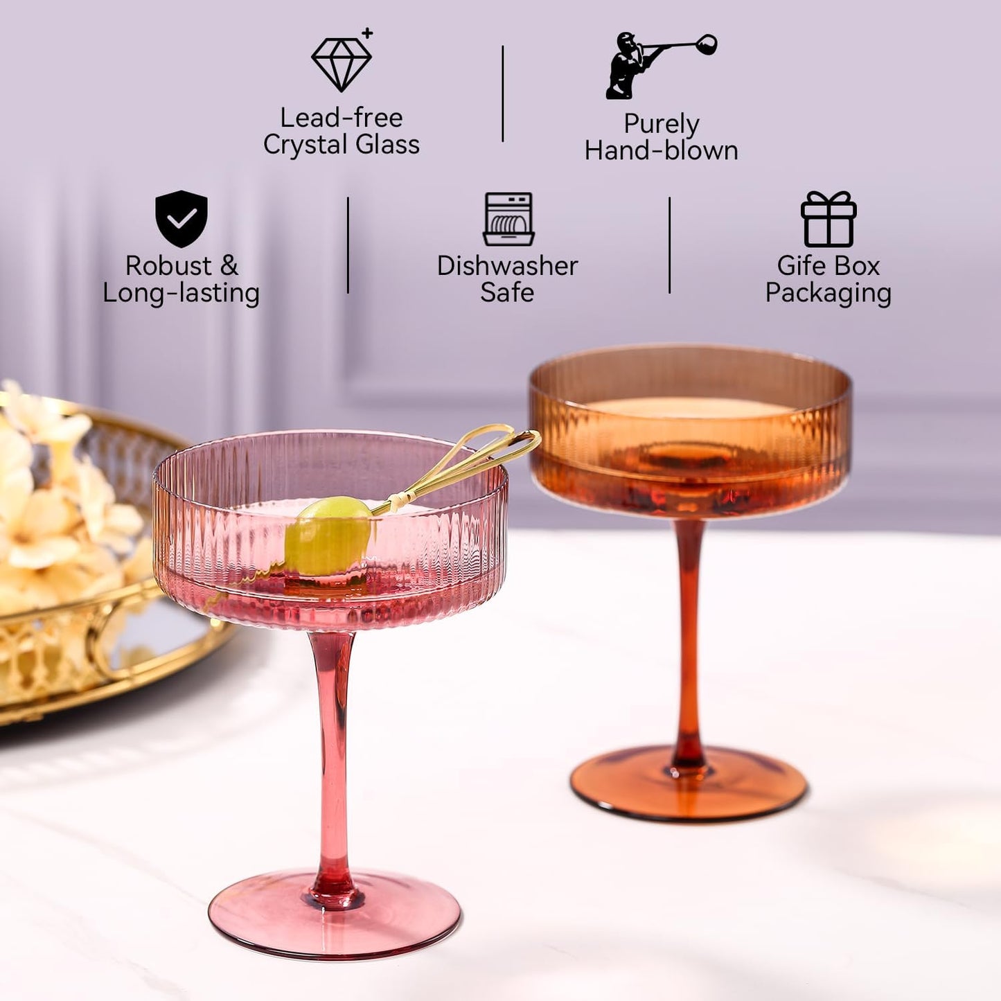 Colored Coupe Glasses Set of 6 |9 oz martini Glasses |Colorful Cocktail Glasses Set,Colored Coupe Glass,Champagne Coupe Glasses for Cocktail,Martini,Champagne