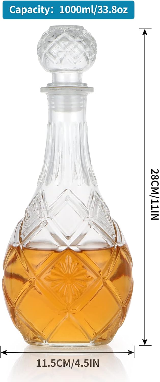 MDLUU Glass Decanter with Airtight Stopper, 1000ML/33.8OZ Liquor Decanter Bottle for Wine, Whiskey, Brandy, Vodka (Round Diamond)