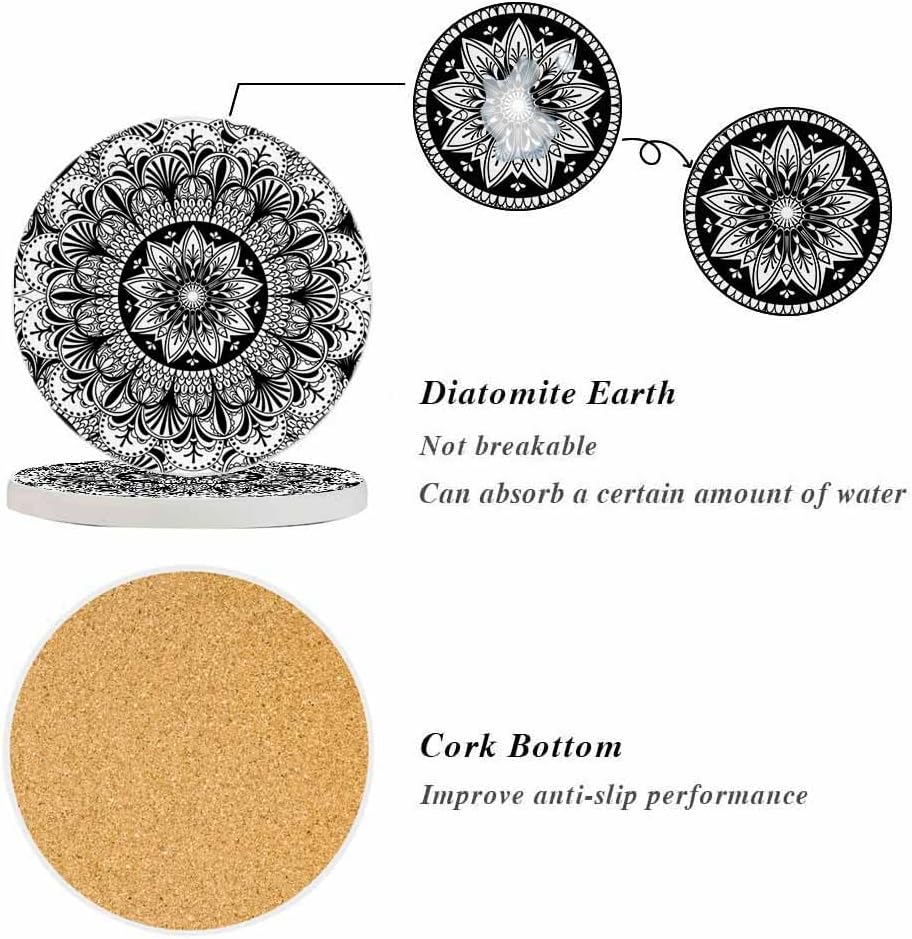 oFloral Flower Black Coasters for Drinks Mandala Vintage Ethnic Features Cups Place Mats for Home Decor Set of 2, 4 Inch
