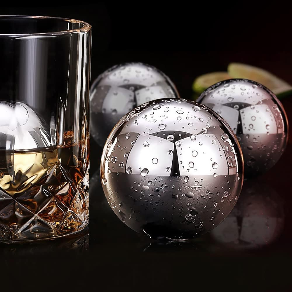 Whiskey Balls Reusable Stainless Steel Metal Ice Sphere Cubes Beverage Chilling Rocks Whiskey Stones for Red Wine, Bar Beer, Scotch, Vodka Drinks