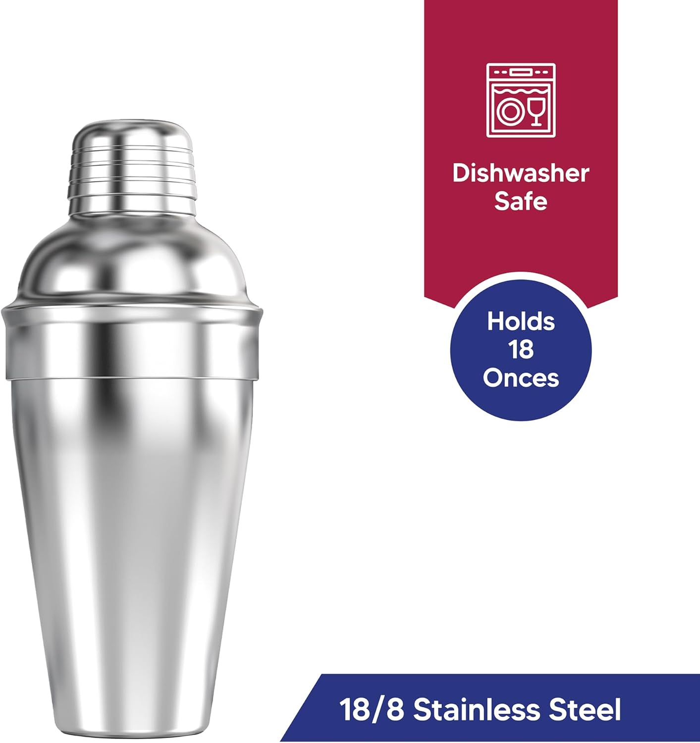 HIC Bar Cocktail Shaker, 18/8 Stainless Steel, Mirror Finish, 3-Piece Set, Holds 18-Ounces