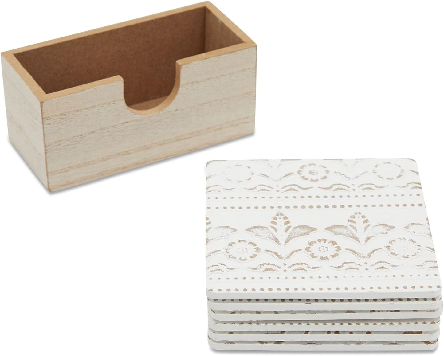 Juvale Wooden Coasters Set of 6-3.8 in, White, Square, Farmhouse Style - Coaster Holder for Coffee Table & Bar Decor - Kitchen & Living Room Decor