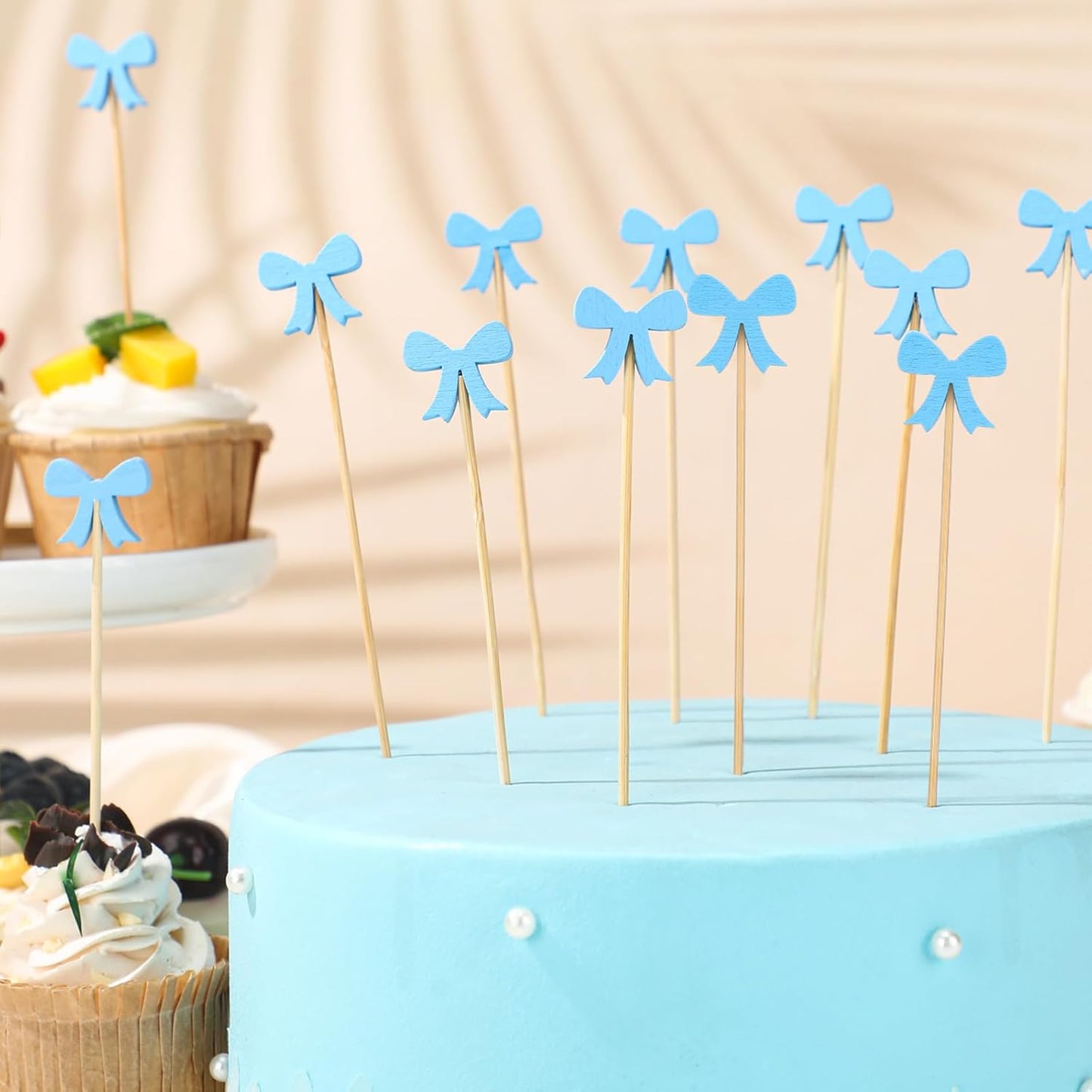 Tioncy 100 Pcs Blue Bow Cocktail Picks Swizzle Stick Toothpicks 4.72 Inch Long Bamboo Fancy Toothpicks for Appetizers Drinks Birthday Bridal Wedding Baby Shower Party Decoration
