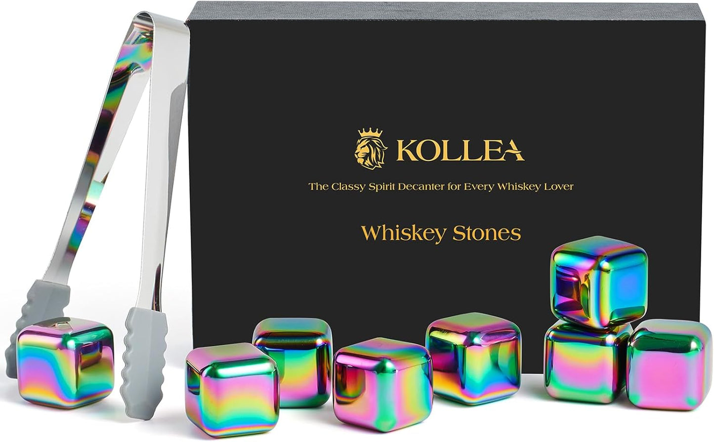 Kollea Whiskey Stones, 8 PCS Multicolor Stainless Steel Whiskey Chilling Rocks, Reusable Ice Cubes for Bottle Drinking, for Men Dad, Boyfriend, Bourbon, Cocktail Bar, Fathers, Anniversary, Christmas