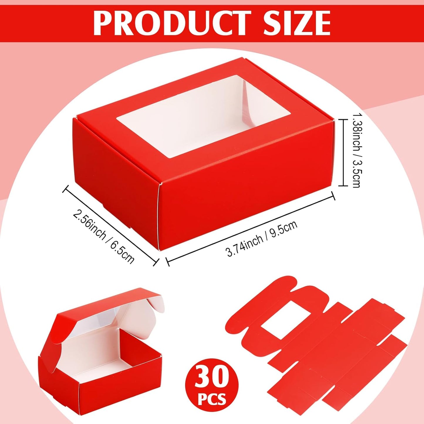 Zonon 30 Pcs Soap Boxes for Homemade Packaging, Mini Kraft Boxes with Window for Bakery Candy Soap Making Gift Packaging (3.7 x 2.6 x 1.37 Inch,Red)
