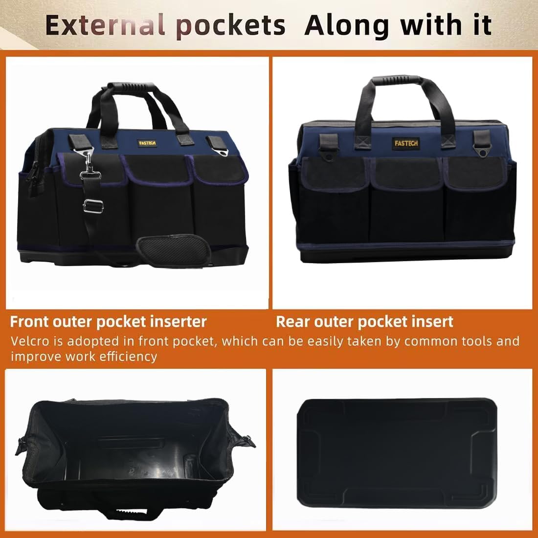 FASTECH 22in Heavy Duty Bottom Tools Bag With Wide Mouth For Tool Storage, Carrier and Organizer, Tote Bag for Men/Women, Wide Mouth Tool Bags With Inside Pockets (22 Inch)