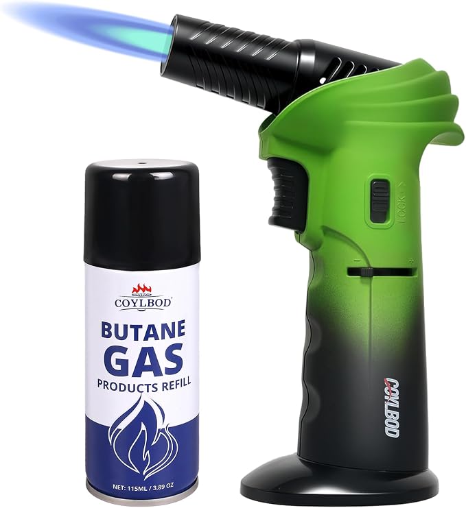 Butane Kitchen Torch, Safety Lock & 0‑90° Rotating Head for Baking - Green and Black With Butane