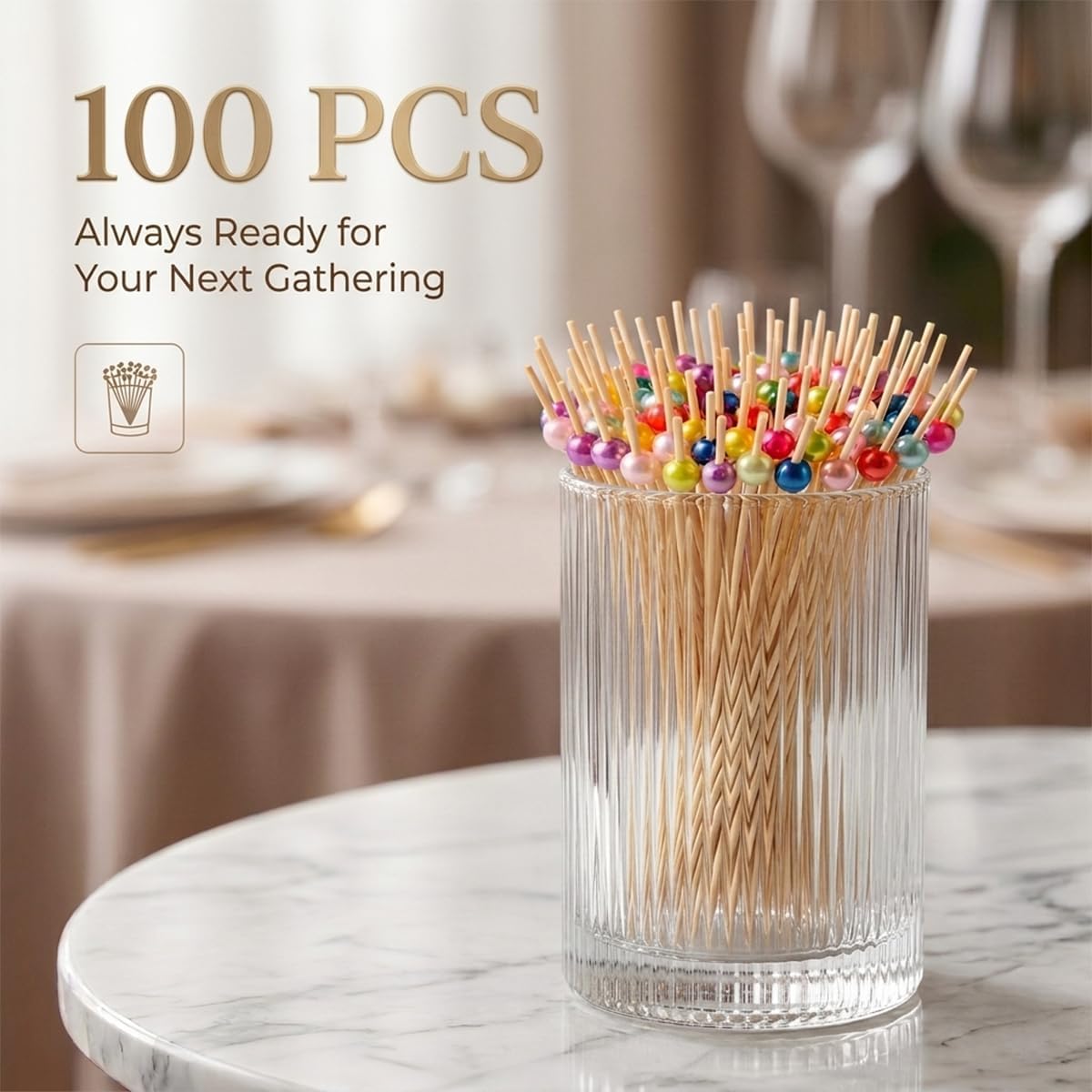 Cocktail Picks - 100 Count Fancy Toothpicks for Appetizers, Long Decorative Bamboo Skewers, 4.7" Wooden Sticks Martini Garnish for Holiday Party, Charcuterie Board Accessories