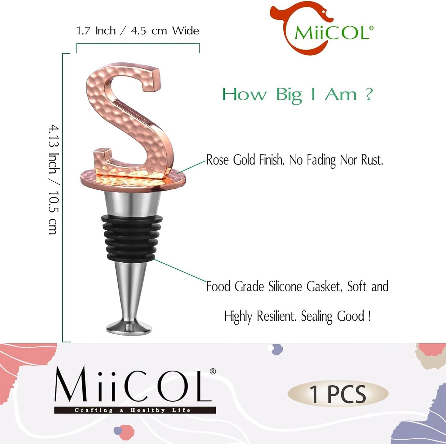 Miicol Wine Stopper, Prosecco Topper, Personalised Champagne Stopper, Rose Gold Wine Bottle Accessories, Wine Lovers Gift, Monogram Gift, Letter S