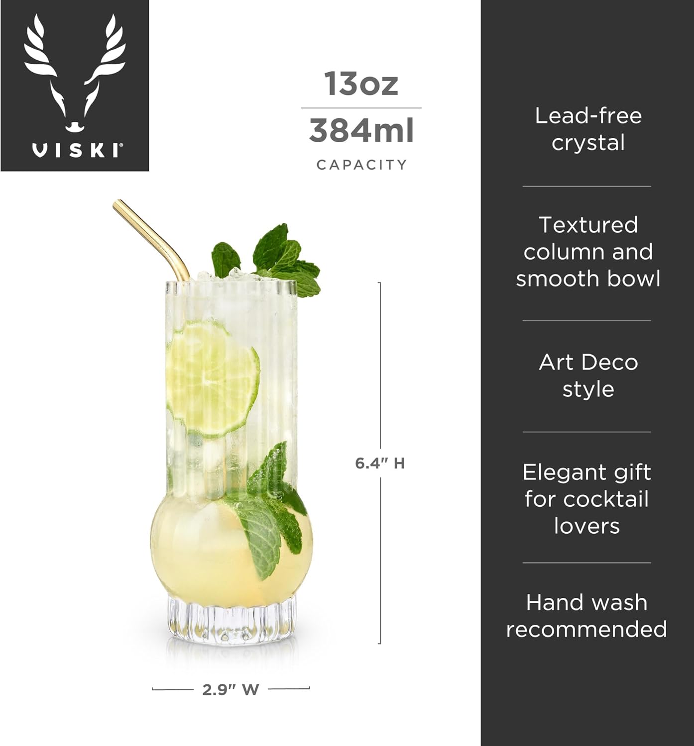Viski Deco Crystal Island Highball Glasses Set of 2 - Premium Crystal Mojito and Gin and Tonic Glasses, Highball Cocktail Glassware Gift Set, 13 oz