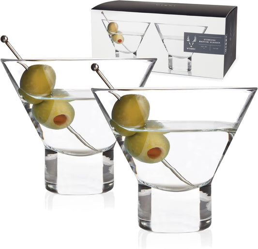 Viski Heavy Base Stemless Martini Glasses Set of 2, Crystal Cocktail Glasses for Vodka or Espresso Martini, Home Bar Glassware, Birthday Gifts for Women, Retirement Gifts for Men, 7.5 oz