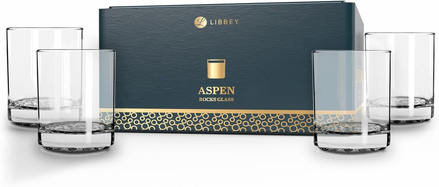 Libbey Aspen Double Old Fashioned Glasses Set of 4, 10.5 Oz, Clear, Retro Rocks Glasses, Bar Glassware for Bourbon, Cocktails, and More