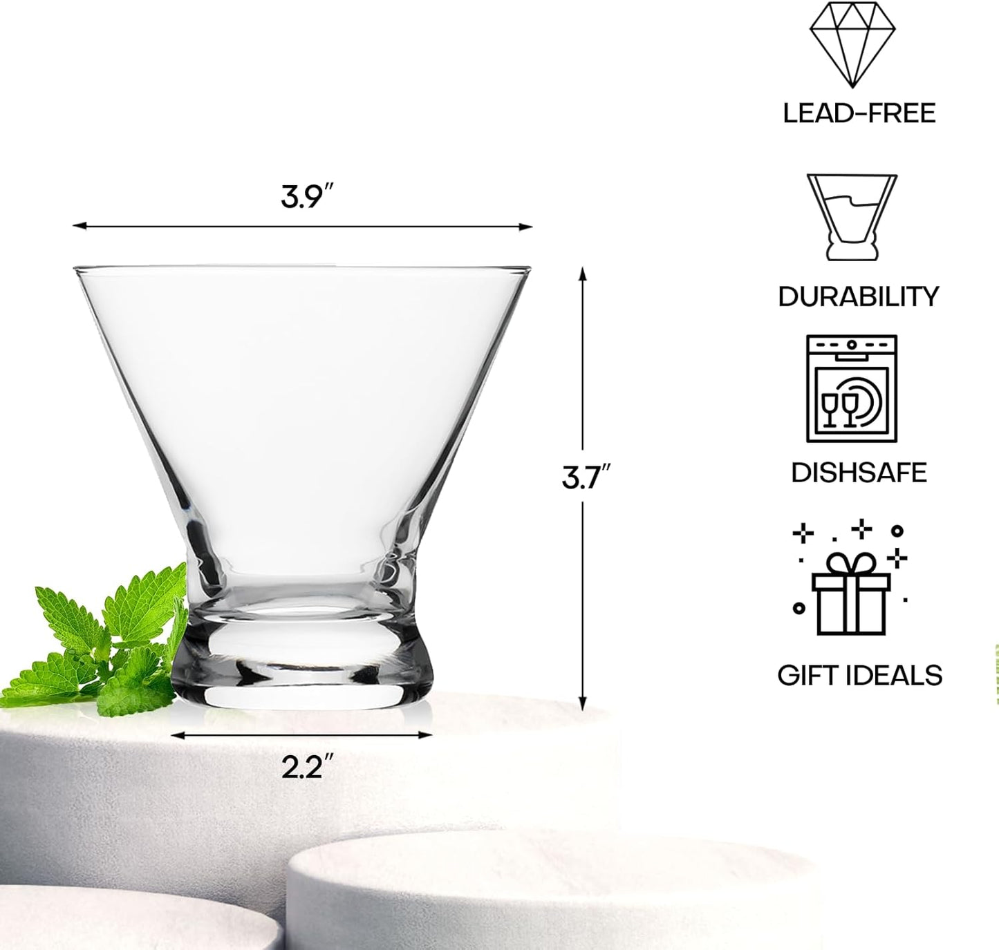 Martini Glasses Set of 4, 8oz Stemless Martini Cocktail Glasses for Margarita, Cosmopolitan, Manhattan, Home Bar, Gimlet, Pisco Sour, Brandy, Crystal Clear