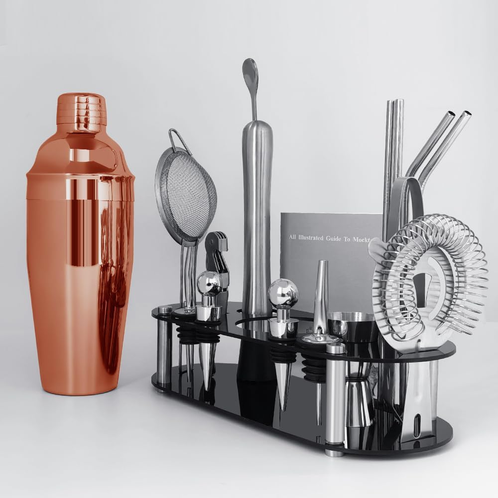 Cocktail Shaker Set Bartender Kit with Stand - 16 Piece Bar Tool Set Drink Mixer Set Includes : Shakers, Jigger, Strainer, Mixer Spoon, Muddler, Liquor Pourers, Straw (Rose Gold)