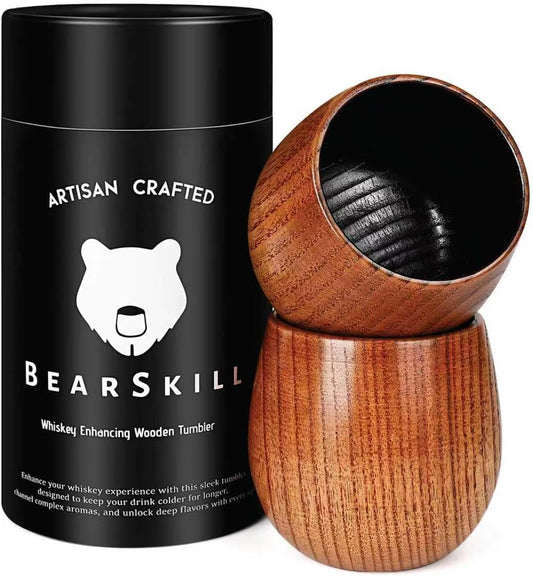 BearSkill Charred Wooden Bourbon Drinking Glass, Whiskey Tumbler, Bourbon Gifts for Men - Wooden Old Fashioned Glass | Great Whiskey Gifts for Men