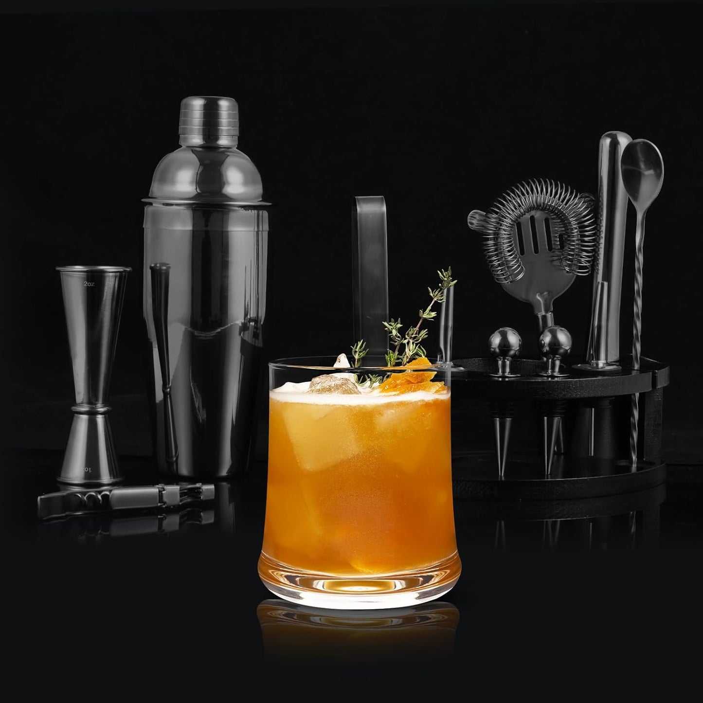 Safring Bartender Kit with Stand, 12-Piece Bar Set | 24oz Cocktail Shaker Set for Drink Mixing, Martini Shaker Set with Bar Tools, Recipes Booklet | Fun Housewarming Gift (Black)