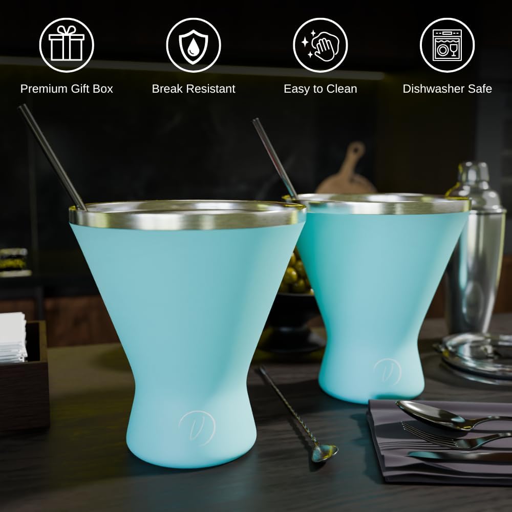 Mother’s Day Gift for Mom – Set of 2 [Blue] Stainless Steel Martini Glasses, Unbreakable Metal Cocktail Glass Set, Unique Gift for Women Wife, 10oz