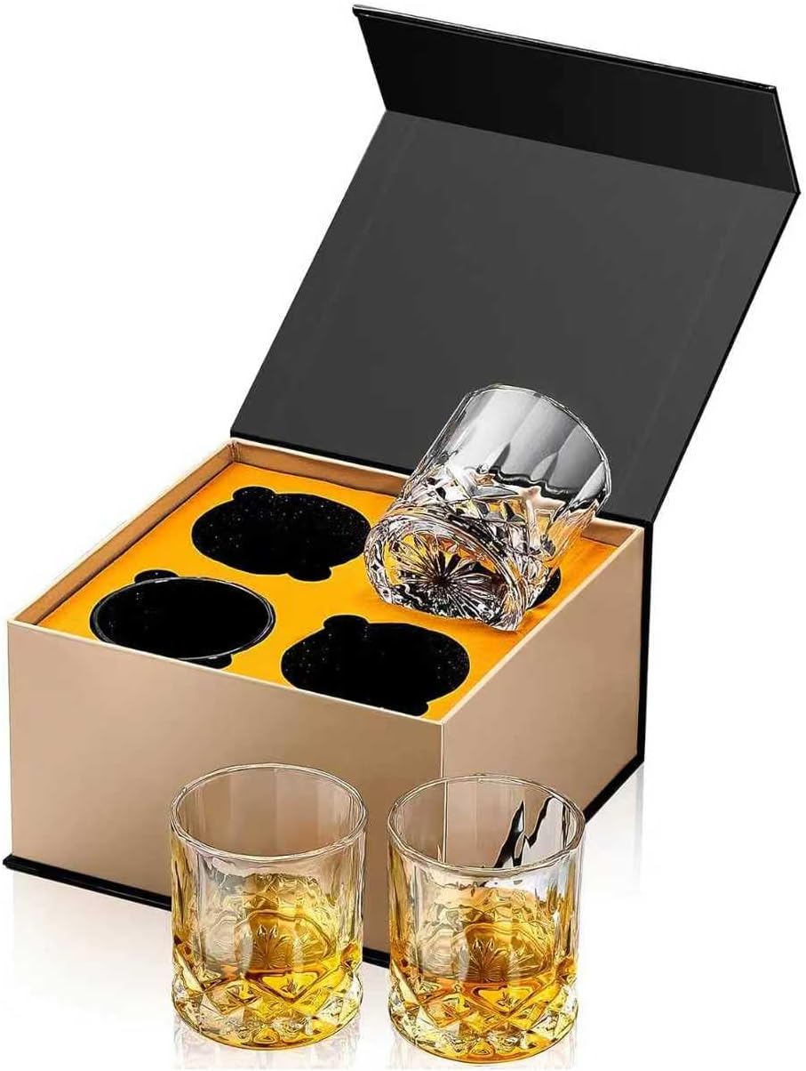 Hlukana Luxury Box Old Fashioned Whiskey Glasses Set of 4, 11 OZ Cocktail Glasses, Bourbon Rocks Scotch Glasses, Barware for Scotch Rum Vodka Liquor, Gifts for Men Father Grandfather Boss
